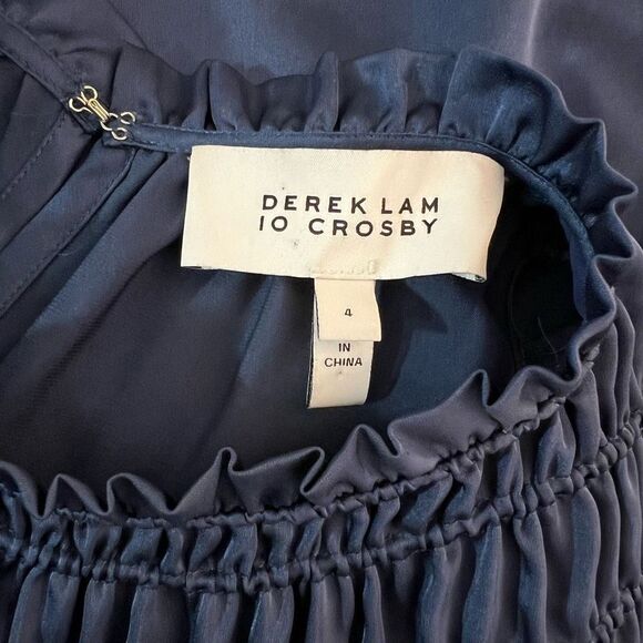 Derek Lam Sleeveless Cinched Pleated Neckline Tassel Blue Satin Midi Dress Sz 4 - Picture 7 of 9